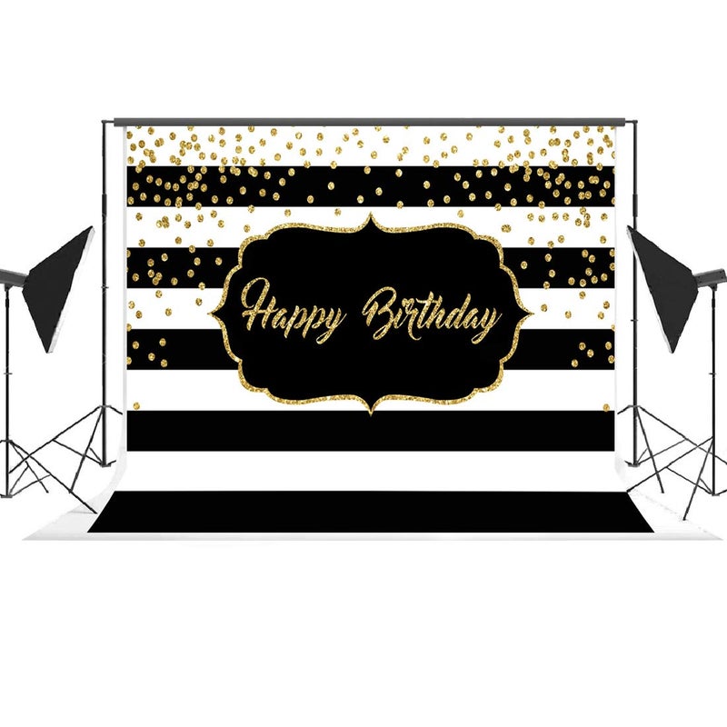 LoveInM Black and White Stripes Happy Birthday Backdrop Gold Shining Dots Birthday Party Photography Background for Adults Sweet Birthday Party Photo Banner Props 7x5ft - Image 4